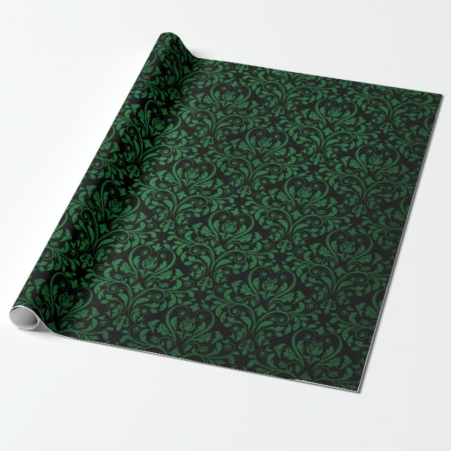 Papier Cadeau Imprimé damassé rustique noir et vert (Déroulé)