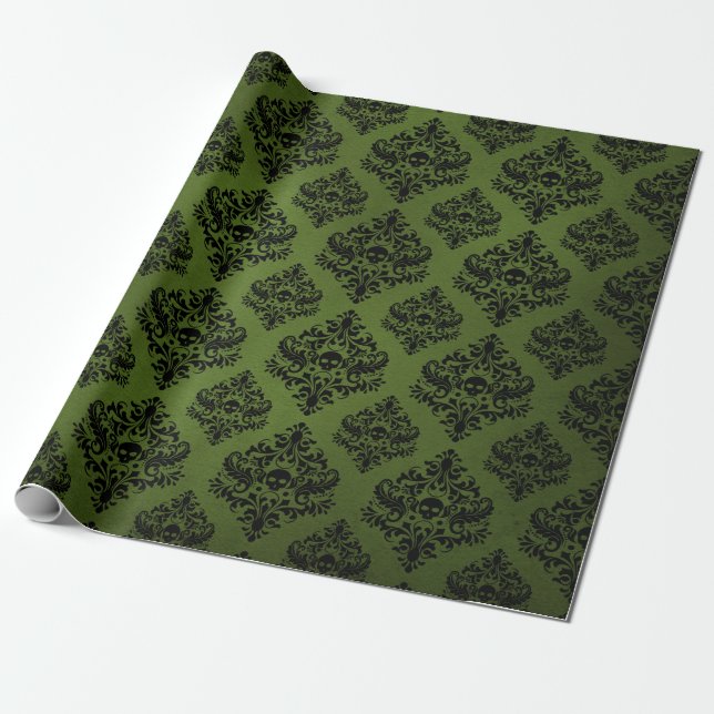 Papier Cadeau Imprimé damassé rustique noir et vert (Déroulé)