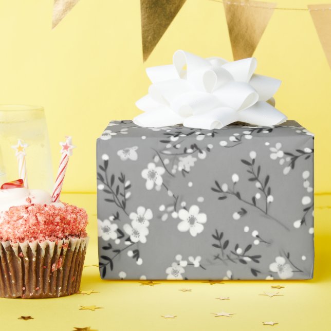 Papier Cadeau Imprimé de bouquet blanc sur gris (Fête d'anniversaire)