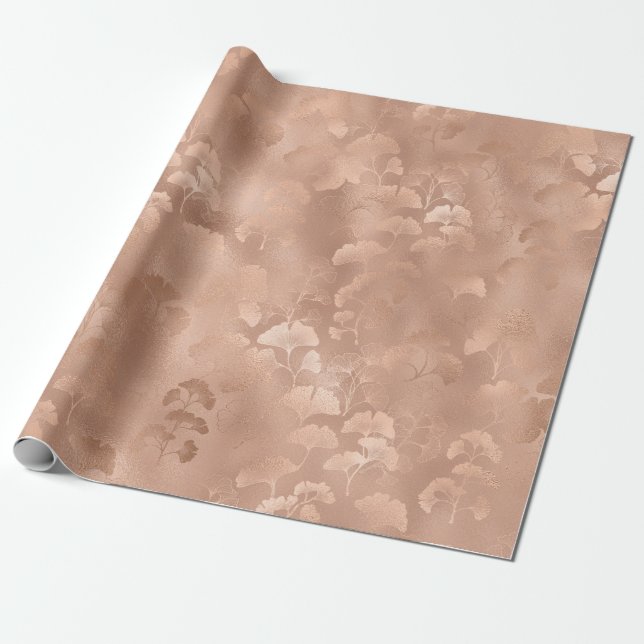 Papier Cadeau Imprimé élégant de feuillage de ginkgo rose botani (Déroulé)