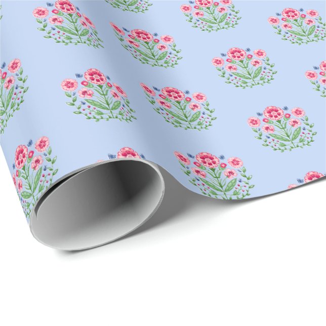 Papier Cadeau Imprimé floral d'Amherst sur fond bleu  (Coin rond)