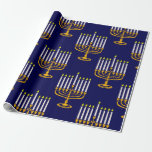 Papier Cadeau imprimé juif en bleu menorah hanoukka<br><div class="desc">"imprimé juif de menorah hanoukka bleu",  "hanoukka bleu",  "menorah jaune",  "hanoukka menorah",  menorah,  "happy hanoukka",  channukah,  hannukah,  Hanoukka,  "vacances juives"</div>
