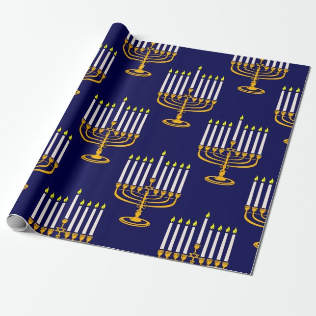 Papier Cadeau imprimé juif en bleu menorah hanoukka (Déroulé)
