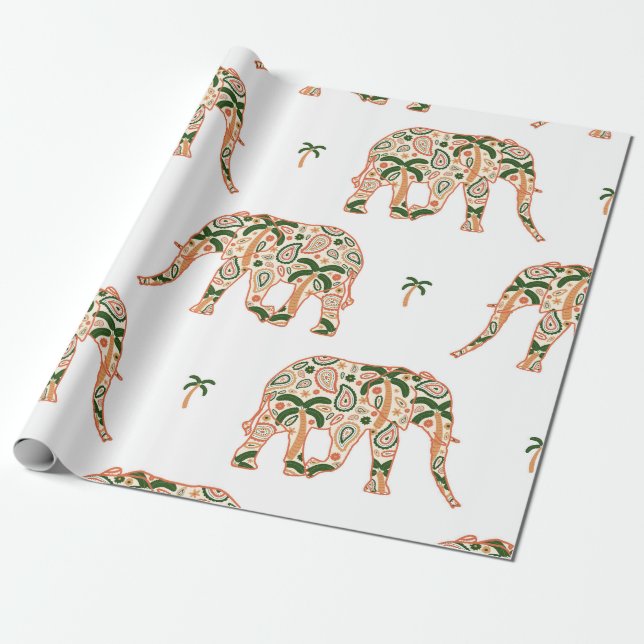 Papier Cadeau Indian Floral Paisley Ornate Elephants (Déroulé)