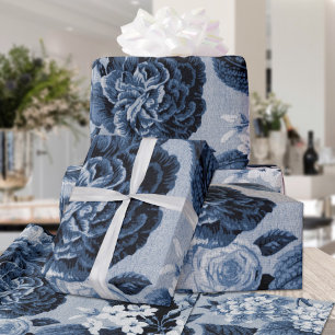 Papier Cadeau Indigo Blue Vintage Floral Toile Matte Finition