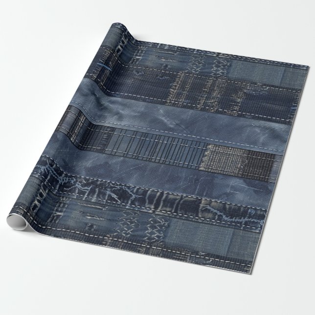 Papier Cadeau Indigo Denim Patchwork Seamless Motif (2) (Déroulé)