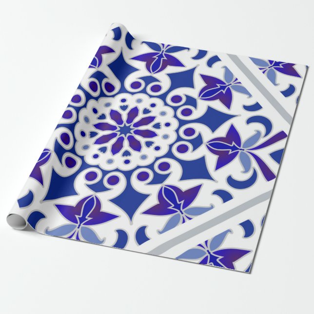 Papier Cadeau Indigo Portugais Azulejos Carreaux bleu et blanc (Déroulé)