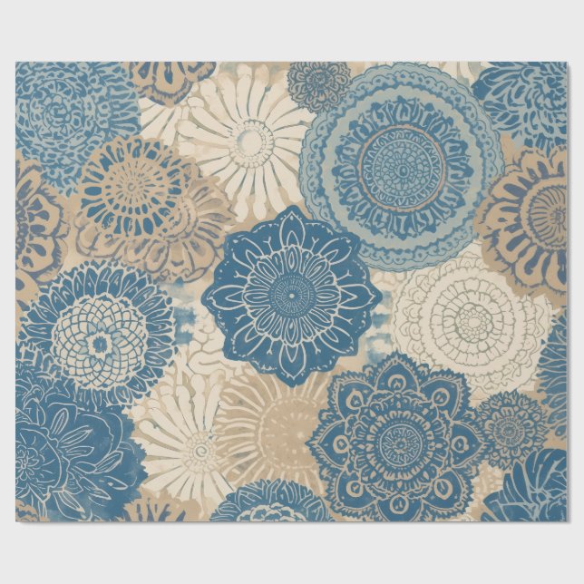 Papier Cadeau Indigo Tan Boho Floral (Plat)