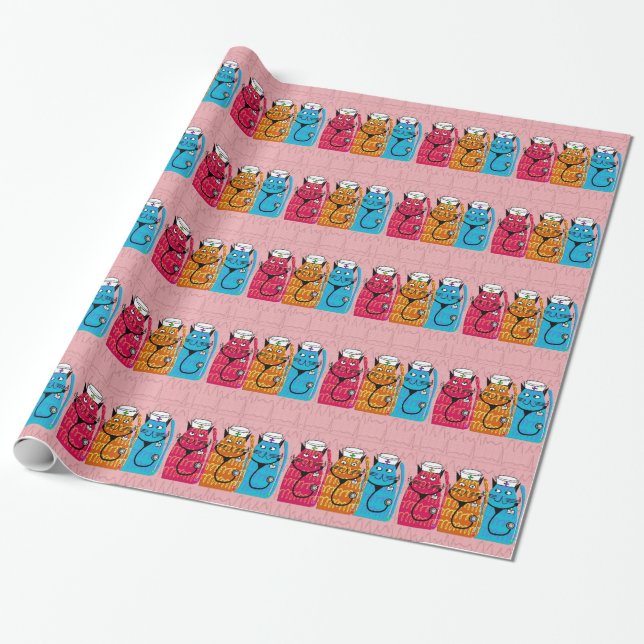 Papier Cadeau Infirmière Chats Cadeau Envelopper rose (Déroulé)