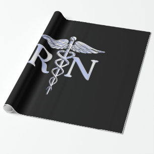 Papier Cadeau Infirmière inscrite RN Silver Caduceus Snakes Blac