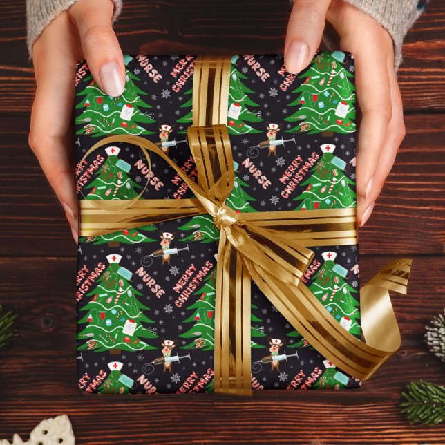 Papier Cadeau Infirmière Joyeux Arbre de Noël Reindeer Infirmièr (Créateur téléchargé)