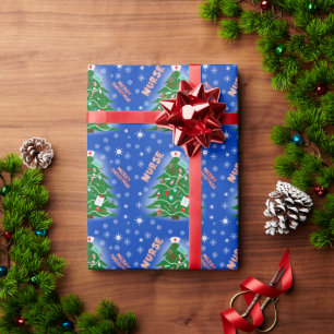 Papier Cadeau Infirmière Joyeux Noël Arbre fond bleu