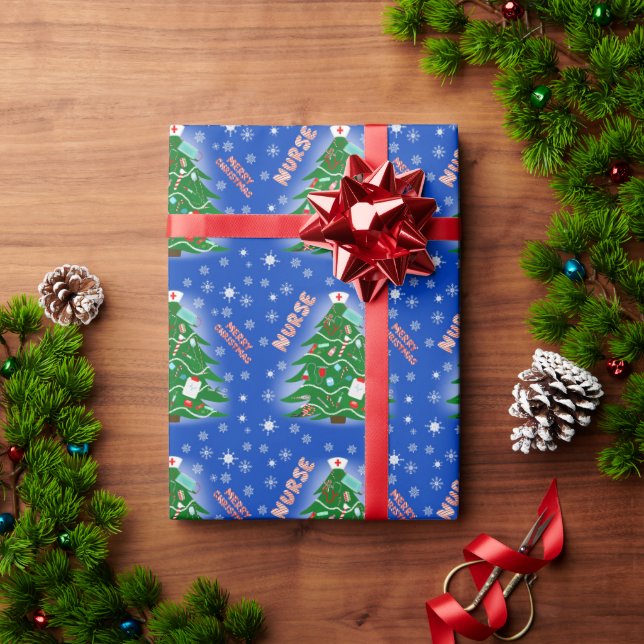 Papier Cadeau Infirmière Joyeux Noël Arbre fond bleu (Cadeau de vacances)