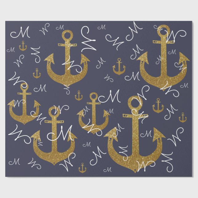 Papier Cadeau initial M personnalisé - ancres dorées nautique (Plat)