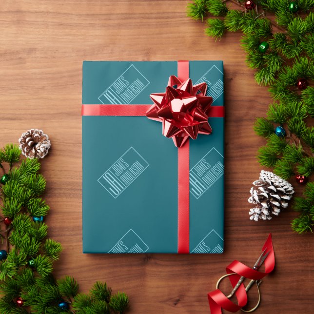 Papier Cadeau Initiales et nom modernes | Sarcelle foncé et bleu (Cadeau de vacances)