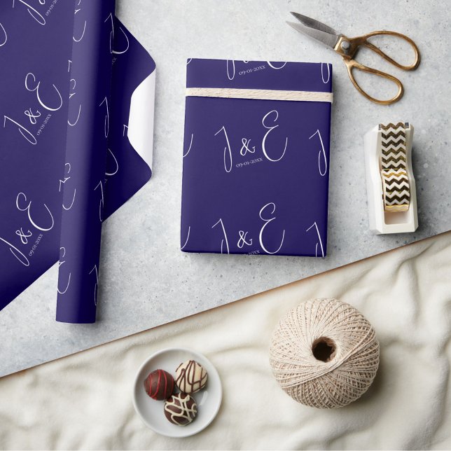 Papier Cadeau Initiales Monogrammes Mariage Date Moderne Navy (Créateur téléchargé)