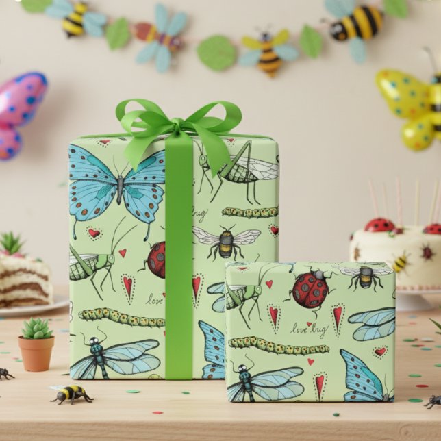 Papier Cadeau Insectes de bug d'amour vert mignon pour les amate (Cute Bugs Insects Wrapping Paper for Kids in Green. Butterflies, Dragonflies, Ladybugs, Bees, Worms)