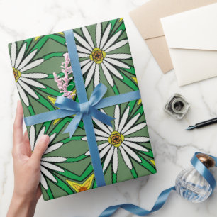 Papier Cadeau Interprétation florale Blancs, feuilles verts