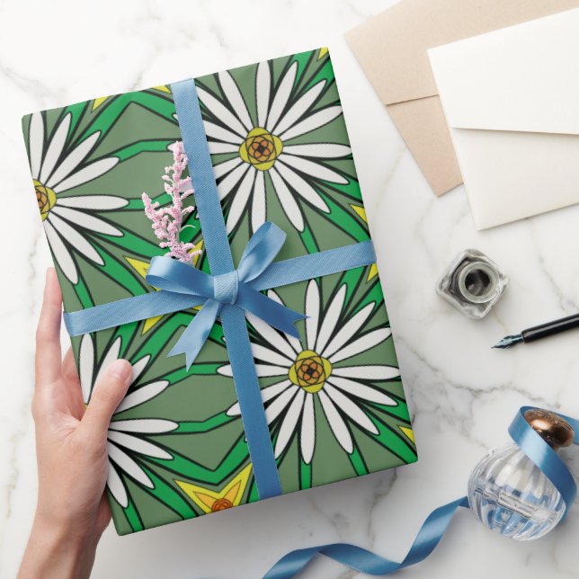 Papier Cadeau Interprétation florale Blancs, feuilles verts (Cadeaux)