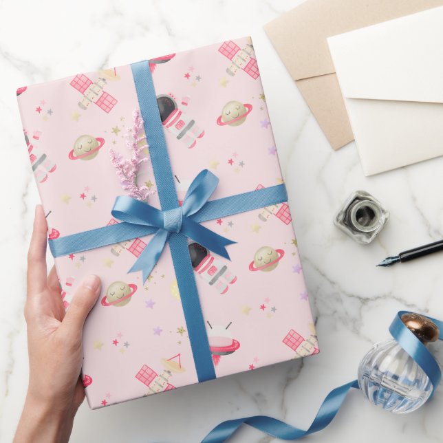 Papier Cadeau Invitation d'anniversaire de l'astronaute rose (Cadeaux)
