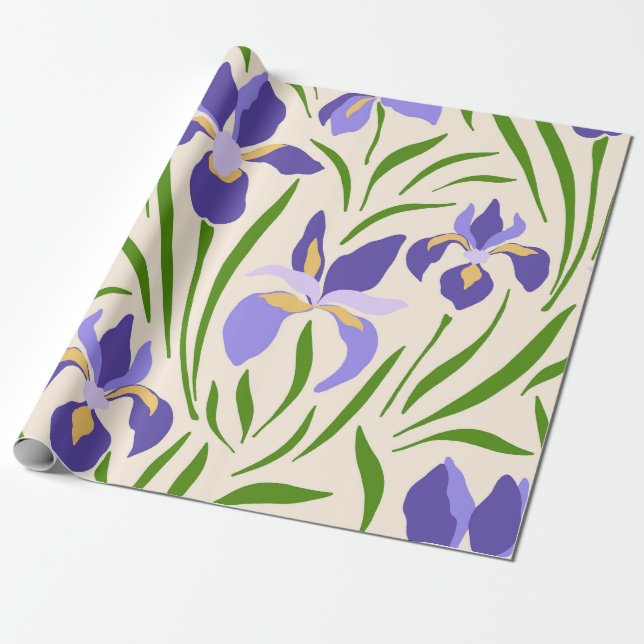Papier Cadeau Iris botanique violet dessiné à la main de manière (Déroulé)