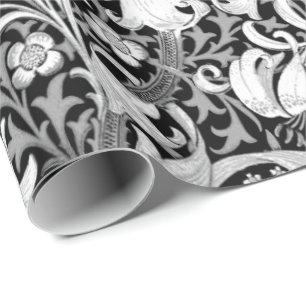 Papier Cadeau Iris et lis de William Morris, noirs et blancs