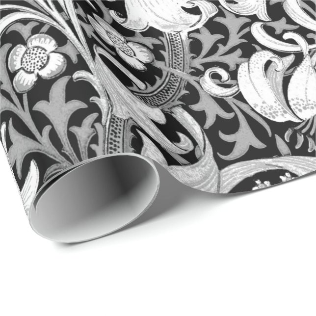 Papier Cadeau Iris et lis de William Morris, noirs et blancs (Coin rond)