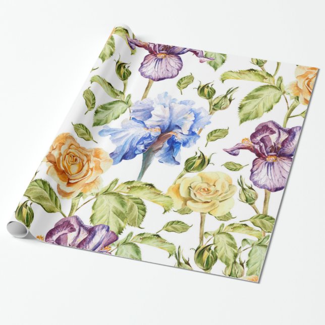 Papier Cadeau Iris et rose aquarelle motif floral (Déroulé)