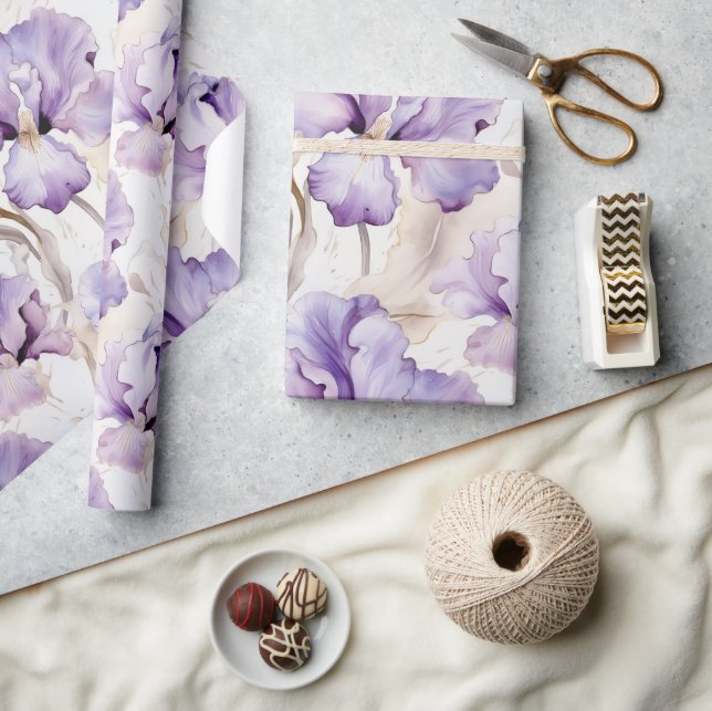 Papier Cadeau Iris Fleuris Crème Violette Romantique pour Mariag (Artisanat)