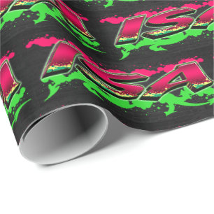 Papier Cadeau Isa prénom nom graffiti rouge vert