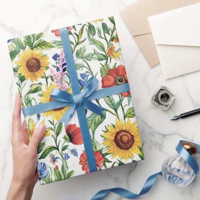 Papier Cadeau Italian Blue Red Yellow Sunflowers Floral Birthday (Cadeaux)