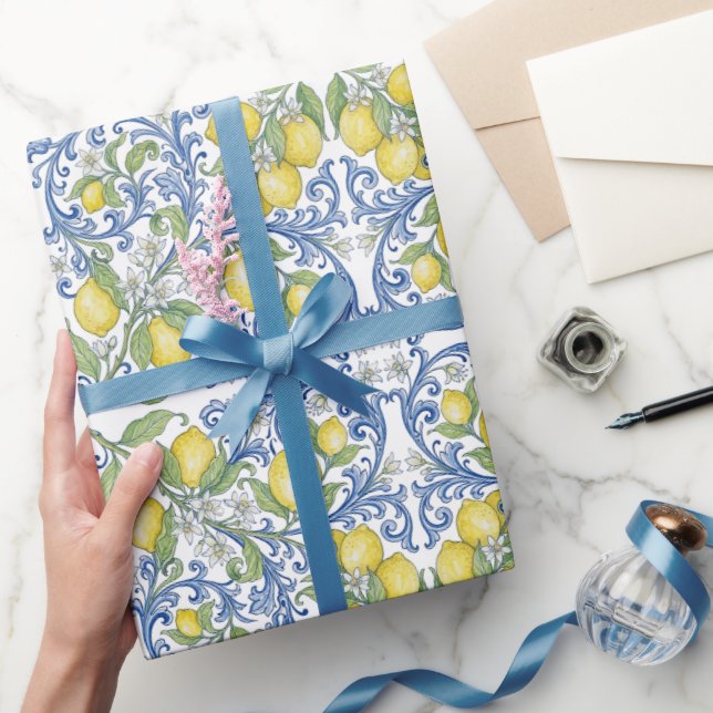 Papier Cadeau Italian Mediterranean Blue Lemon Floral (Cadeaux)