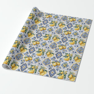 Papier Cadeau Italien Amalfi bleu carreaux blancs citrons
