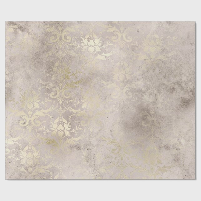 Papier Cadeau Ivoire et Grunge d'or Distressed Damas (Plat)