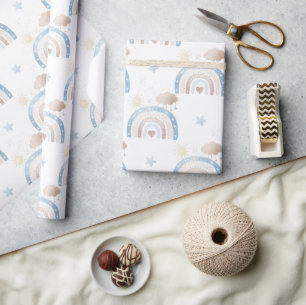 Papier Cadeau Ivory Blue Taupe Boho Rainbow Nuages Star Boy Cade