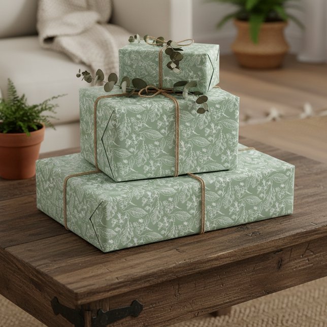 Papier Cadeau Ivory Ecru Feuille Floral Art Motif Sur Sage Green (Créateur téléchargé)