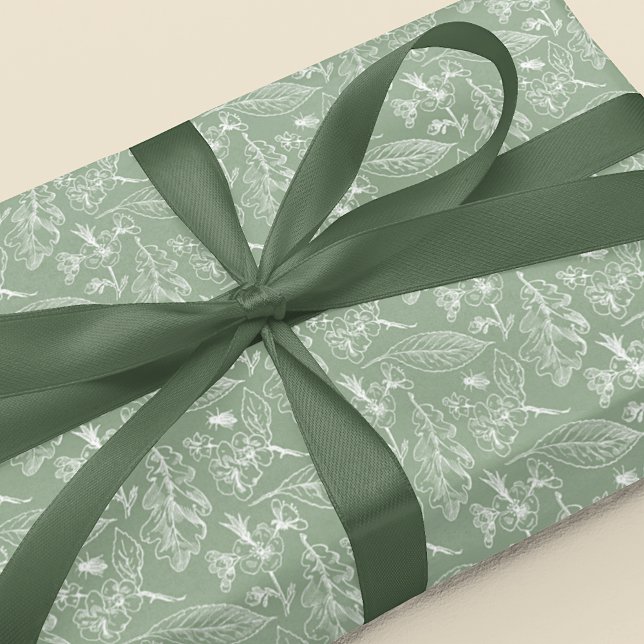 Papier Cadeau Ivory Ecru Feuille Floral Art Motif Sur Sage Green (Créateur téléchargé)