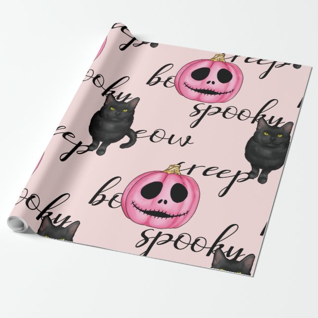 Papier Cadeau Jack-O-Lantern rose et chat noir (Déroulé)
