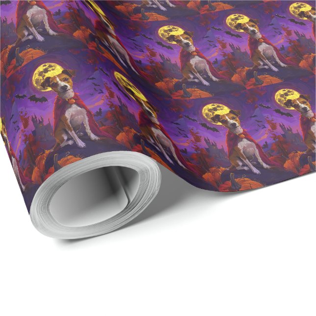 Papier Cadeau Jack Russell Vampire Citrouilles Halloween Épouvan (Coin rond)