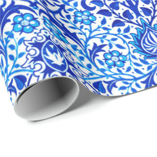Papier Cadeau Jacobean Floral Damask, Cobalt bleu et blanc