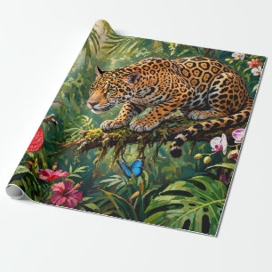 Papier Cadeau Jaguar Forêt Tropicale Colibris Papillons Fleurs