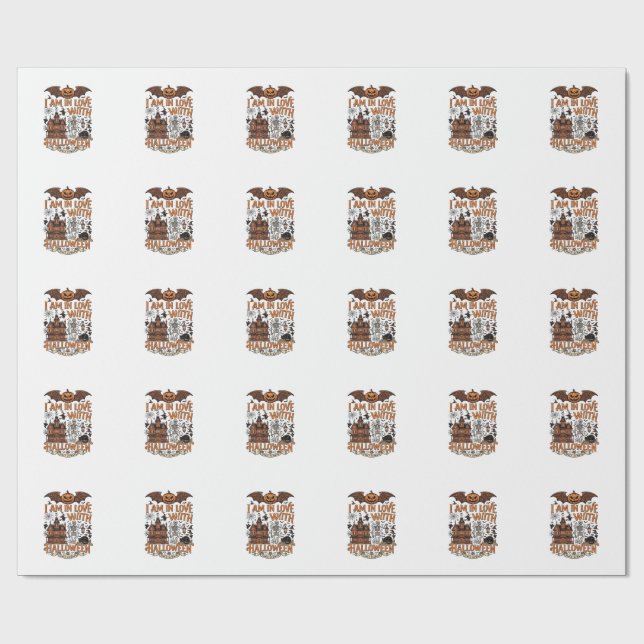 Papier Cadeau J'aime Halloween Maison Hantée Squelette Citrouill (Plat)