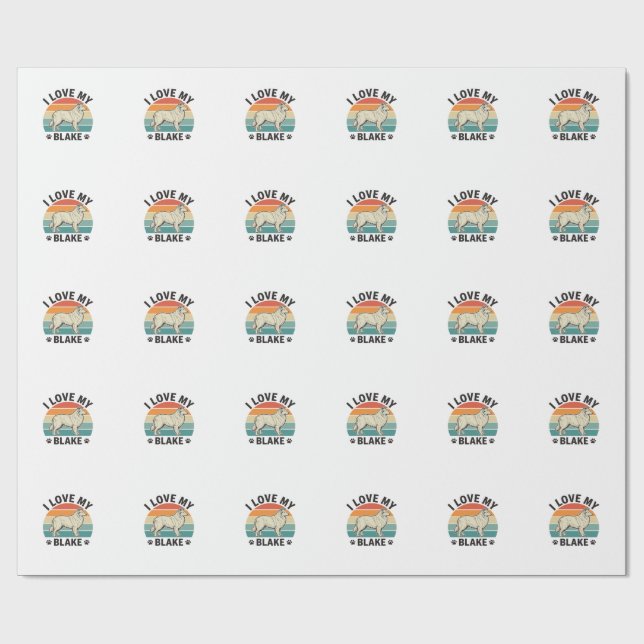 Papier Cadeau J'aime mon chien Blake rétro gravure design_1 (Plat)