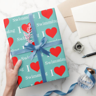 Papier Cadeau J'aime Natation Typographie & Red Heart Mint Green