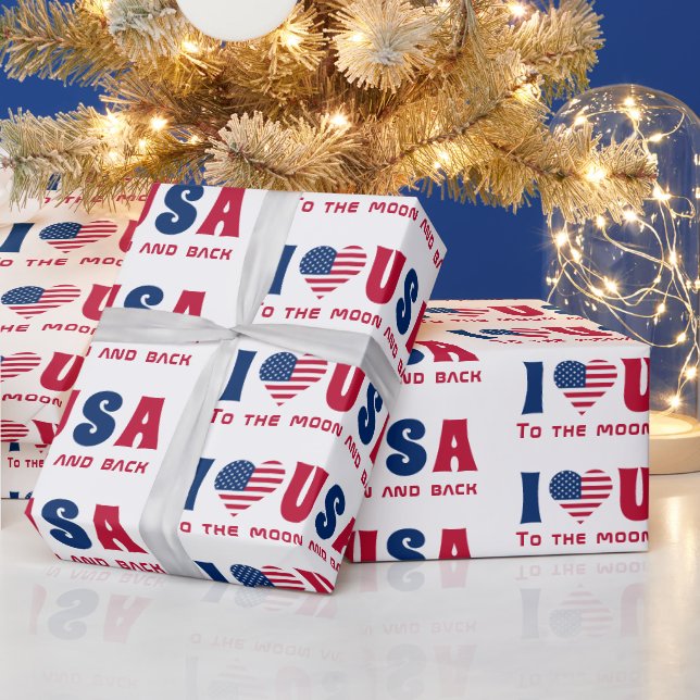 Papier Cadeau J'aime USA texte personnalisé Bleu et rouge (Vacances)