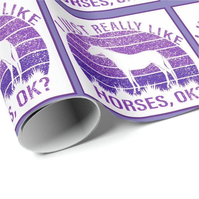 Papier Cadeau J'aime vraiment les chevaux en violet (Coin rond)