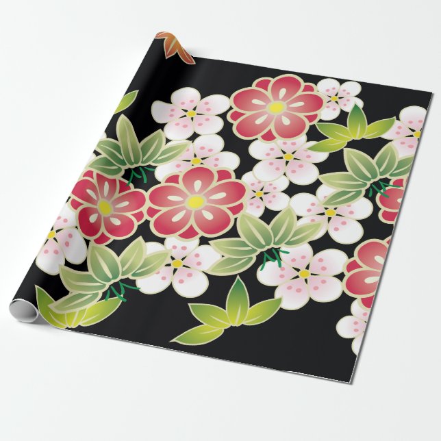 Papier Cadeau Japonais rose et jaune floral Motif Kimono (Déroulé)