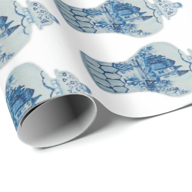 Papier Cadeau Jar de gingembre blanc et bleu peint à la main (Coin rond)