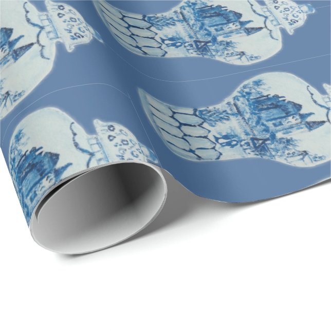 Papier Cadeau Jar de gingembre blanc et bleu peint à la main (Coin rond)