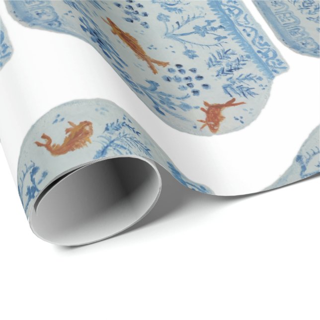 Papier Cadeau Jar de gingembre blanc et bleu peint à la main (Coin rond)